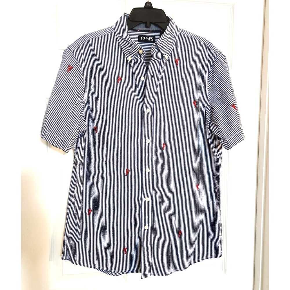 Chaps Shirt Mens Medium Seersucker Blue White Lobster Embroidered Button Down